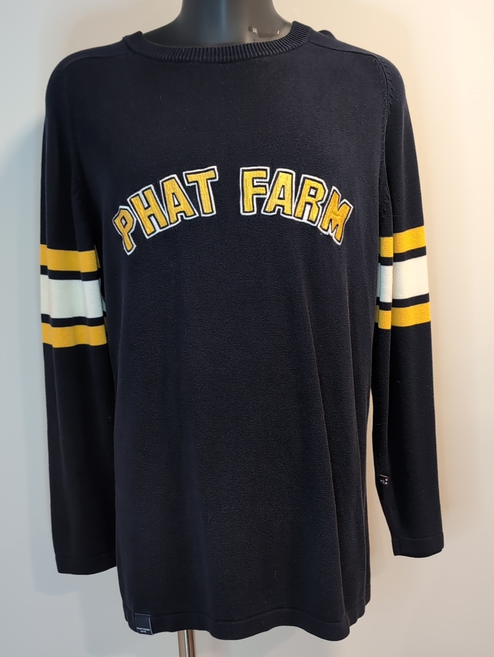 Vintage 90's Phat Farm Navy Crewneck Sweater Large Spellout Stripes Sleeves